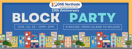 A small banner with the word "BLOCK PARTY" and a digital graphic of buildings