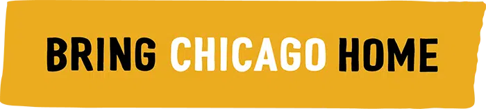 A logo with the text "BRING CHICAGO HOME" with CHICAGO as white text on a orange background