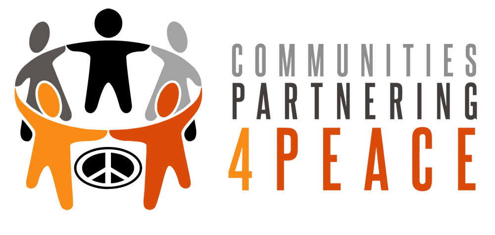 A digital image of people in a circle with text showing "COMMUNITIES PARTNERING 4 PEACE"