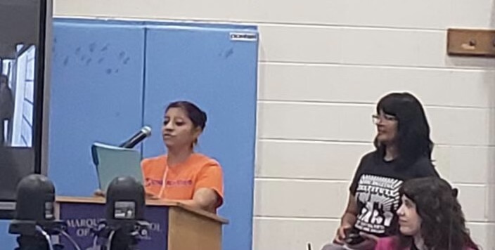 A One Northside leader speaks at the CTU and CPS meeting