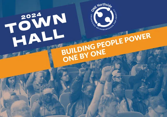 A picture of group of people with a overlay color and text showing "2024 TOWN HALL"