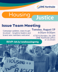 Housing justice team meeting on Tuesday, August 19 from 6 to 8 pm with an image of an younger person holding a housing a human right poster next to an older man.